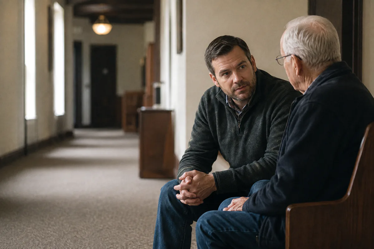 A pastor listening attentively to an older congregant