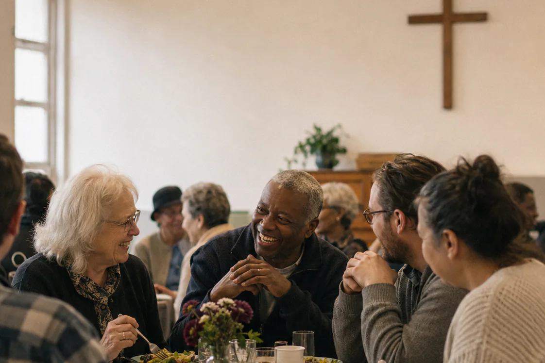 A multigenerational small group sharing a meal and conversation